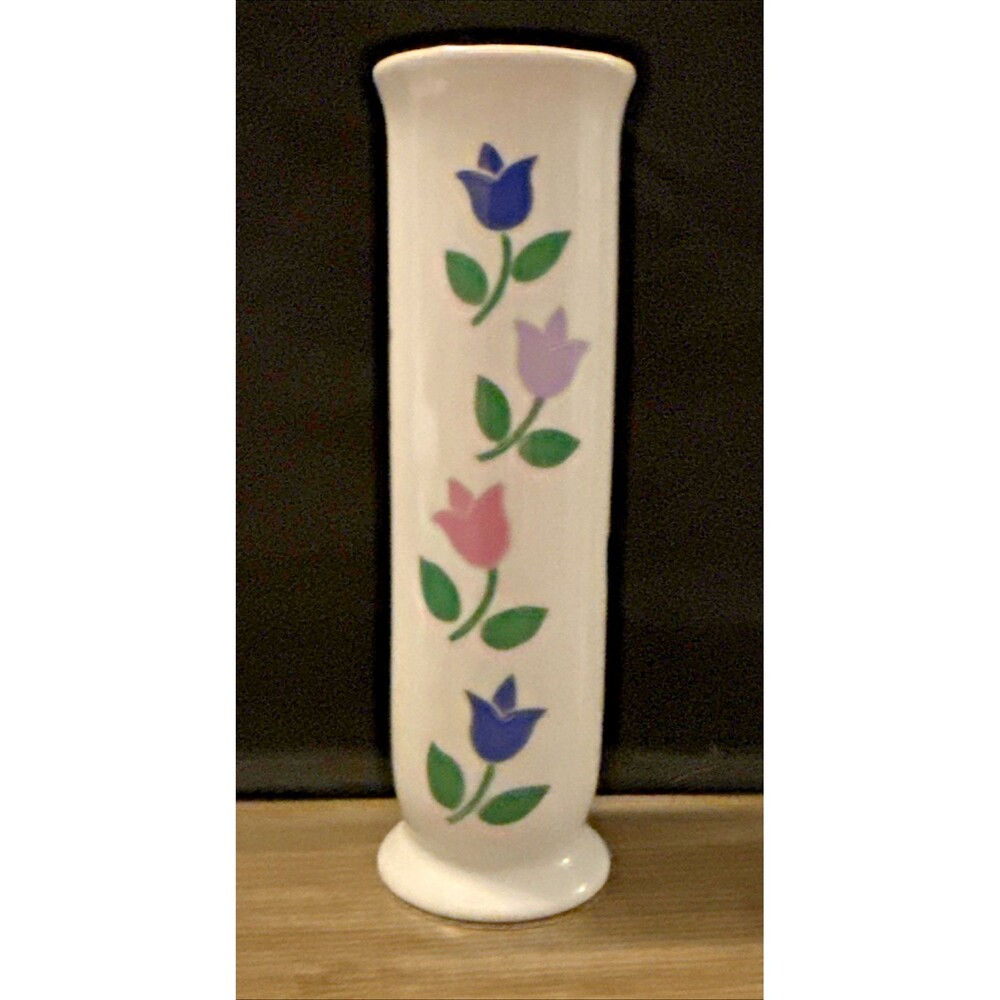 Vintage 1988 FTDA Bud Vase with Blue Pink & Lavender Tulips 6 1/2" Cottagecore